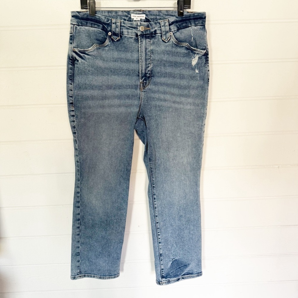 Good American Stretchy High Waist Straight Leg Light Wash Jeans Size 15